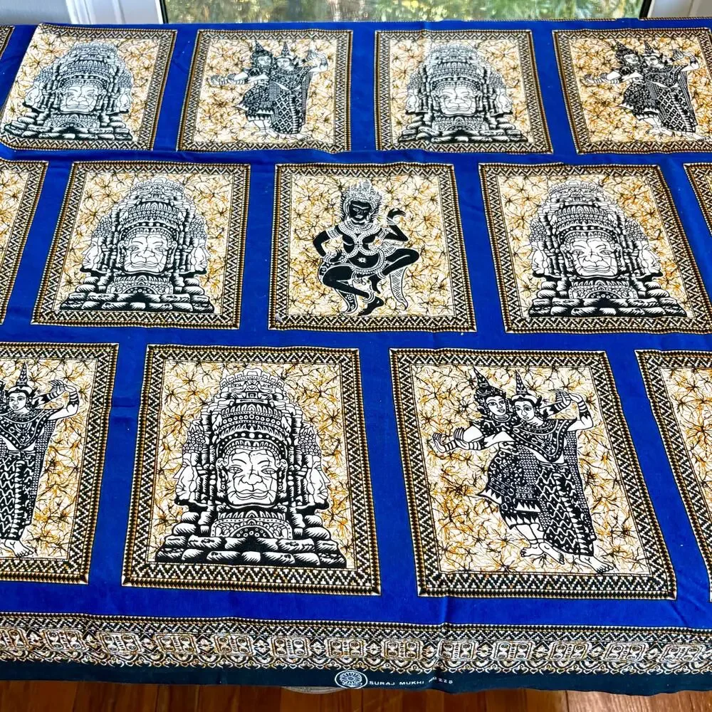 Vintage Suraj Mukhi Fabric Remnant Blue Hindu Motif Cotton Textile